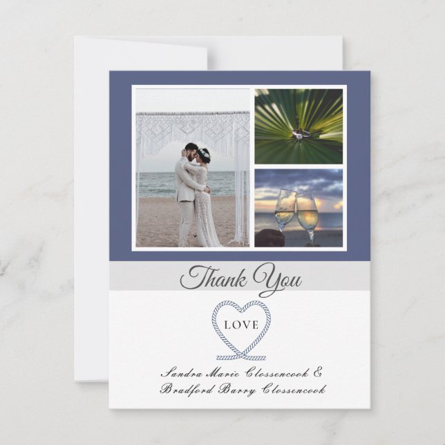 Blue White Nautical Heart Anchor Wedding Foto als Dankeskarte (Vorderseite)