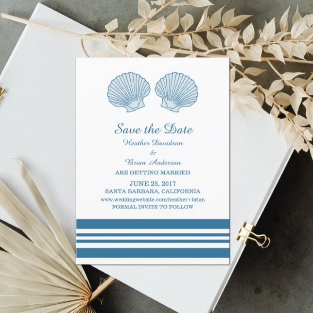 Blue White Nautical Seashells Save the Date einlad Einladung (Von Creator hochgeladen)