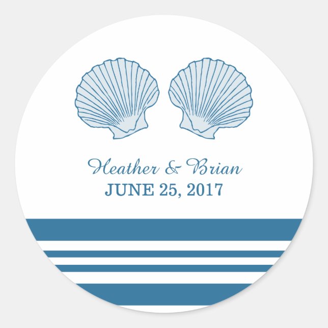 Blue White Nautical Seashells Wedding Stickers (Vorderseite)
