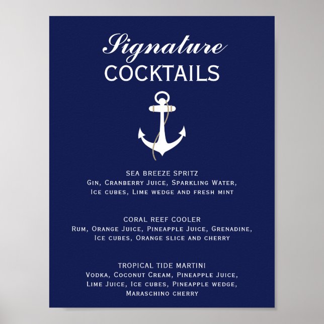 Blue & White Nautical Wedding Signature Cocktail Poster (Vorne)