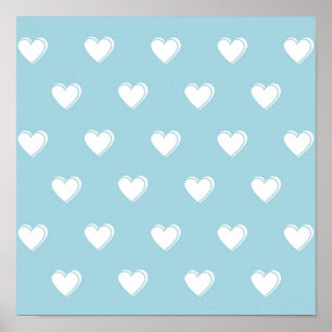 Blue White Niedlich Simple Heart Pattern Poster