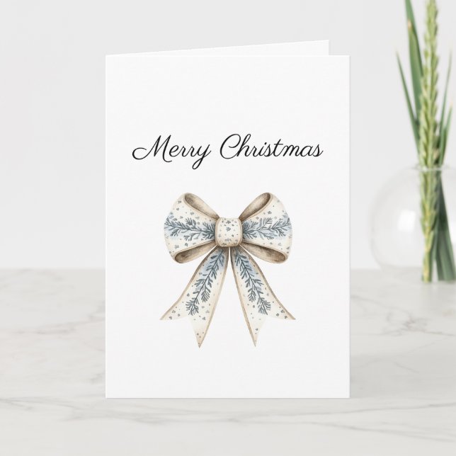 Blue White Nordic Cream Bow Christmas Karte (Vorderseite)