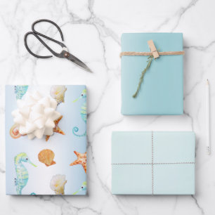 Blue White Ombre Muscheln Seepferd Starfish Geschenkpapier Set