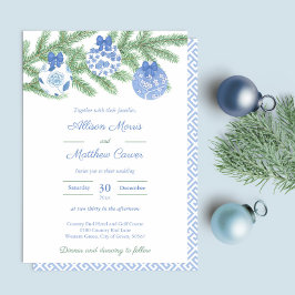 Blue White Ornaments Fir Tree Holidays Wedding Einladung