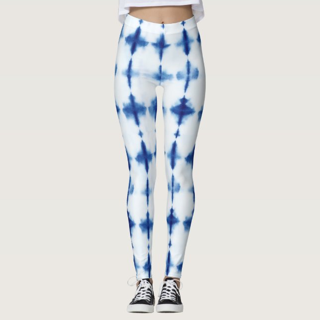 Blue White Pattern Shibori Indigo Blue Gefärbte Kr Leggings (Vorderseite)