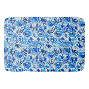 Blue White Peacock Feathers Badematte