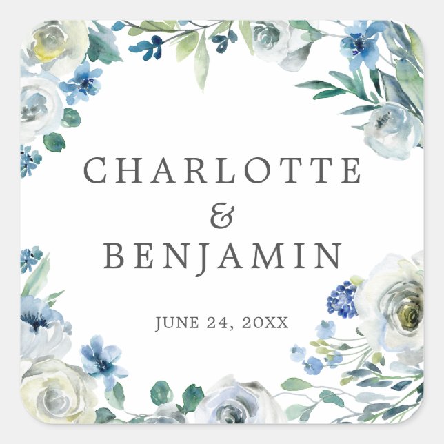 Blue White Peony Floral Custom Spring Wedding Quadratischer Aufkleber (Vorderseite)