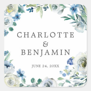 Blue White Peony Floral Custom Spring Wedding Quadratischer Aufkleber