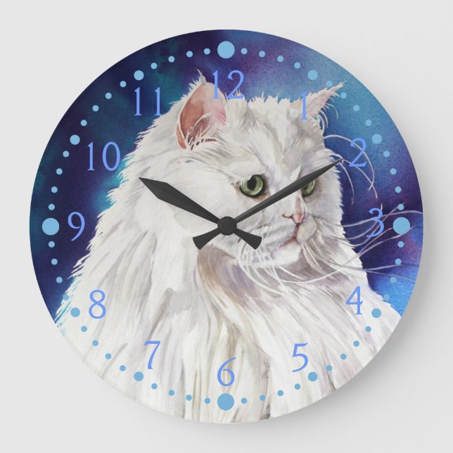 Blue White Persian Cat Portrait Cat Art Cat Wine C Große Wanduhr (Vorderseite)