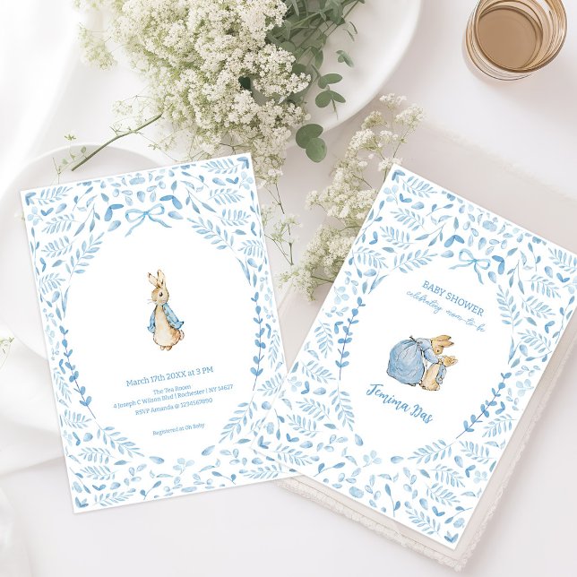Blue White Peter the Rabbit Beatrix Baby Dusche Einladung (Von Creator hochgeladen)