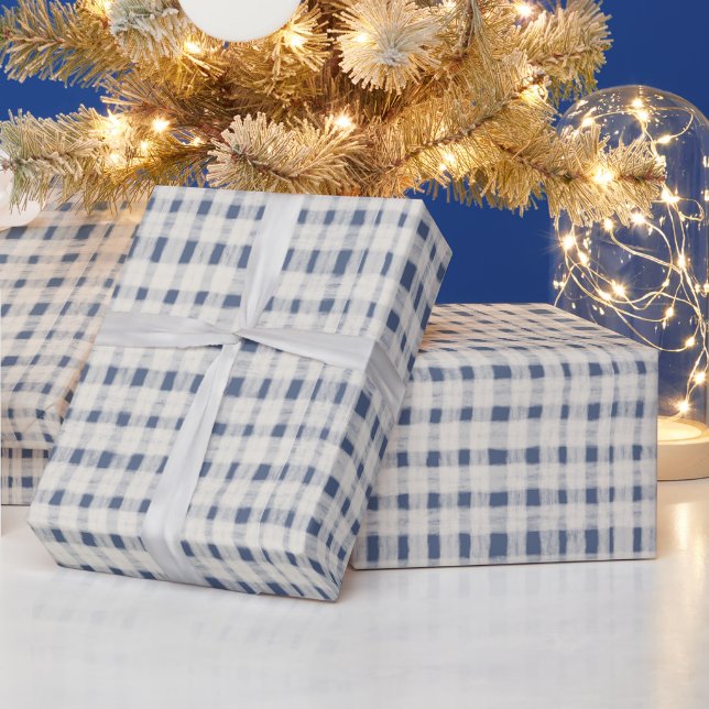 Blue White Plaid Stripes Christmas Geschenkpapier (Feiertage)