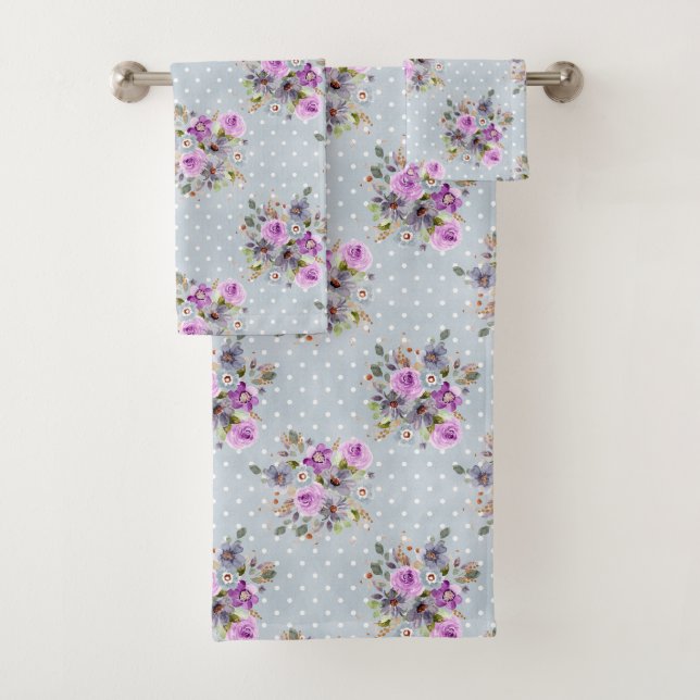 Blue White Polka Dot Lila Aquarellblüte Badhandtuch Set (Insitu)