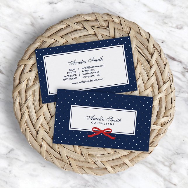 Blue & White Polka Dot Red Ribbon Social Media Visitenkarte (Von Creator hochgeladen)