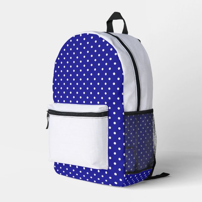 Blue White Polka Dots Bedruckter Rucksack (Rückseitige Ecke Rechts)