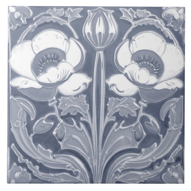 Blue & White Poppy Blume Deko Jugendstil Fliese (Vorderseite)