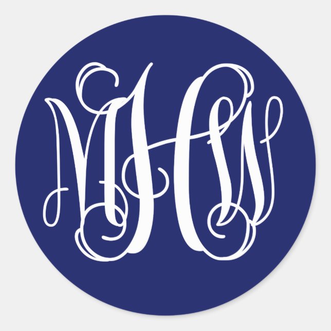 Blue White Preppy Vine Script Monogram DIY BG Runder Aufkleber (Vorderseite)