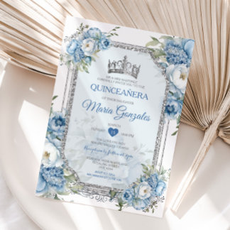 Blue & White Quinceañera Silver Crown 15 Anos Einladung