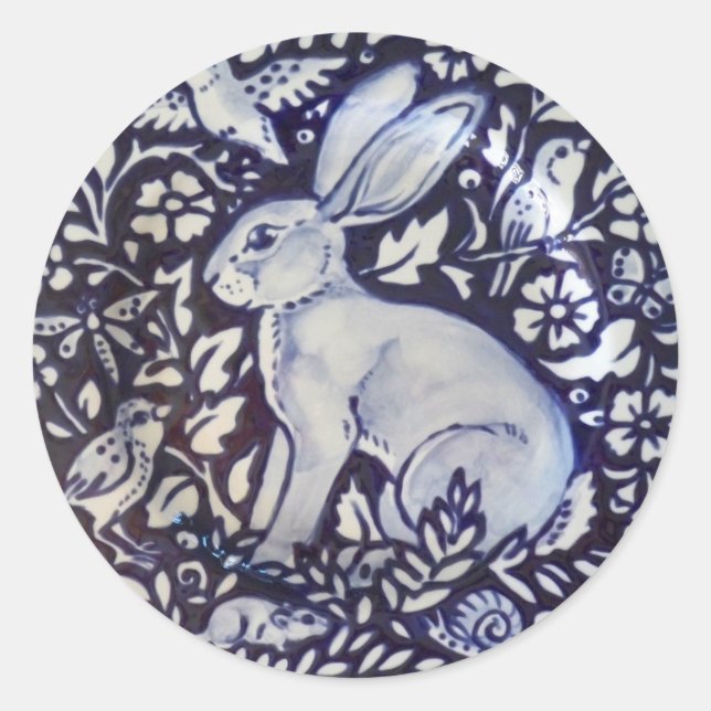 Blue White Rabbit Bird Floral Sticker Dedham Navy (Vorderseite)