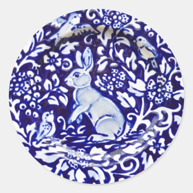 Blue White Rabbit Bird Floral Sticker Dedham Navy (Vorderseite)