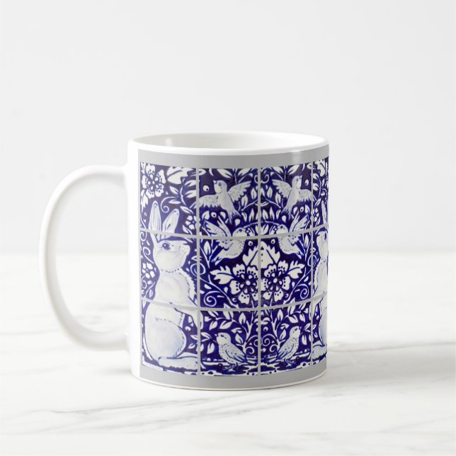 Blue & White Rabbit & Bird Floral Tile Mural Kunst Kaffeetasse (Links)