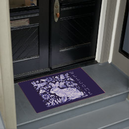 Blue & White Rabbit Bird Willkommen Floral Dedham Fußmatte