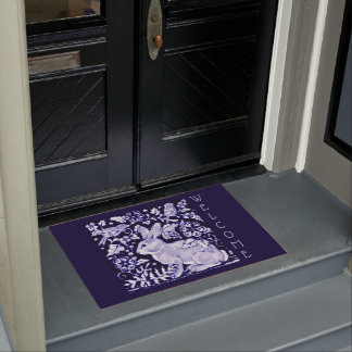 Blue & White Rabbit Bird Willkommen Floral Dedham Fußmatte