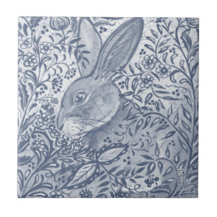 Blue White Rabbit Botanical Delft Dedham Painting Fliese