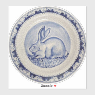 Blue & White Rabbit Bunny Delft Dedham Round Aufkleber