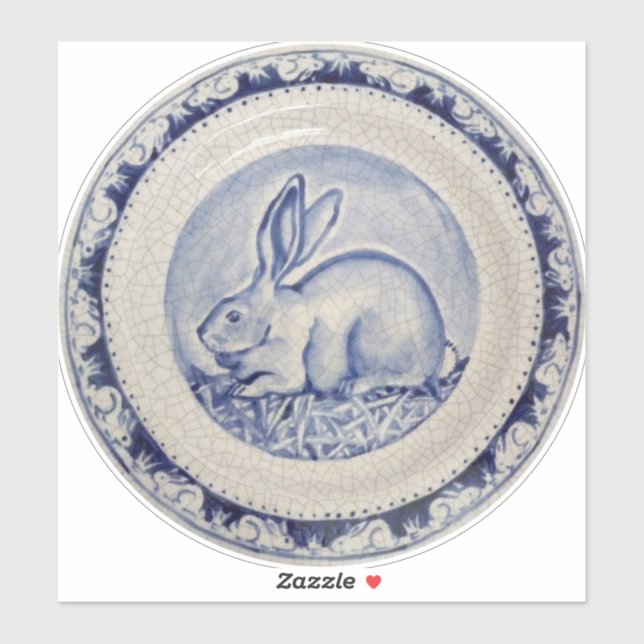 Blue & White Rabbit Bunny Delft Dedham Round Aufkleber (Blatt)