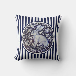 Blue & White Rabbit Bunny Strip Dedham Floral Kissen