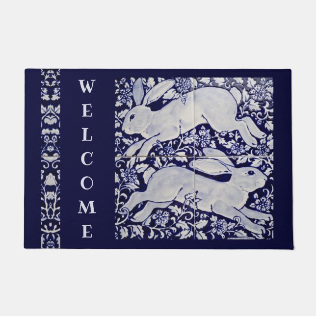 Blue White Rabbit Bunny Welcome Tile Art Grosse Fußmatte (Vorderseite)