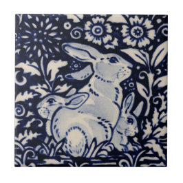 Blue White Rabbit Family Chinoiserie Navy Fliese