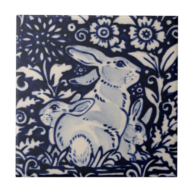 Blue White Rabbit Family Chinoiserie Navy Fliese (Vorderseite)