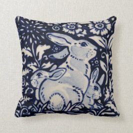 Blue White Rabbit Family Hare Bunny Chinoiserie Kissen