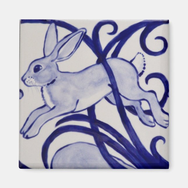 Blue & White Rabbit Hare Art Deco Tile Scroll Magnet (Vorne)