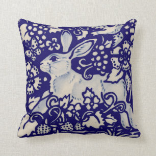 Blue White Rabbit Hare Bird Chinoiserie Kunst, Dic Kissen