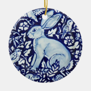 Blue & White Rabbit Hare Bunny Christmas Woodland Keramik Ornament
