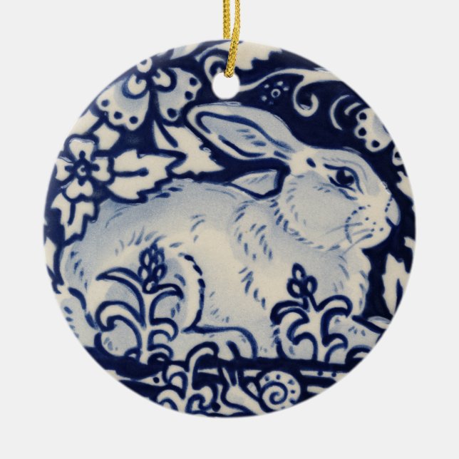 Blue & White Rabbit Hare Bunny Christmas Woodland Keramik Ornament (Vorne)