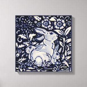 Blue & White Rabbit Spring Floral Baby Bunny Art Leinwanddruck