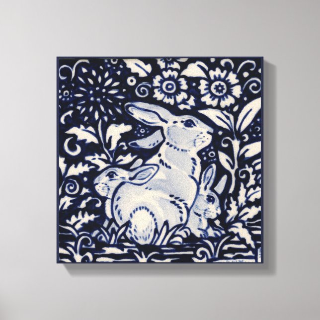 Blue & White Rabbit Spring Floral Baby Bunny Art Leinwanddruck (Vorderseite)