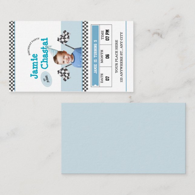 Blue & White Race Car Adventure Kindergeburtstag Begleitkarte (Vorne/Hinten)