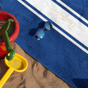 Blue White Racing Stripes Gold Monogram Pool Strandtuch