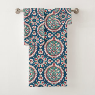 Blue White Red Aquamarin Oriental Azulejo Pattern Badhandtuch Set