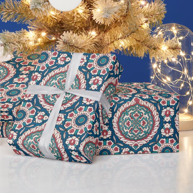 Blue White Red Aquamarin Oriental Azulejo Pattern Geschenkpapier (Feiertage)