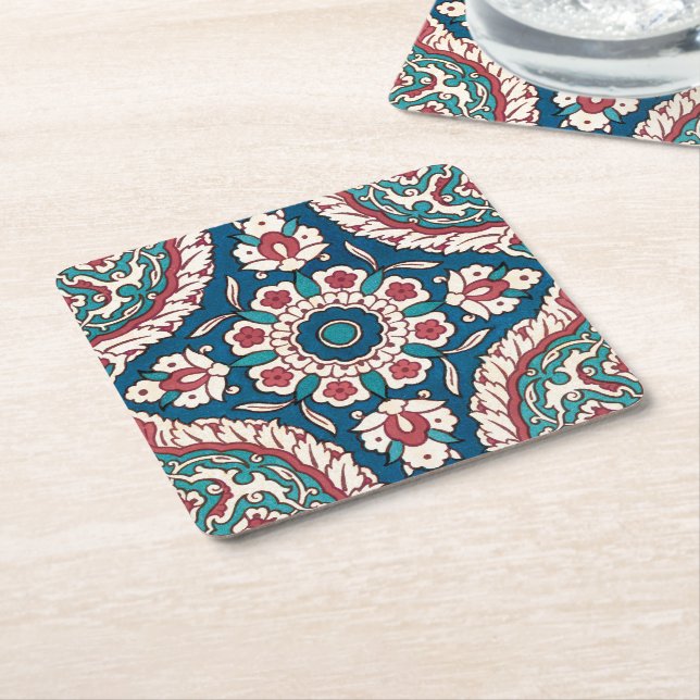Blue White Red Aquamarin Oriental Azulejo Pattern Rechteckiger Pappuntersetzer (angewinkelt)