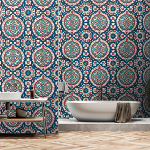 Blue White Red Aquamarin Oriental Azulejo Pattern Tapete