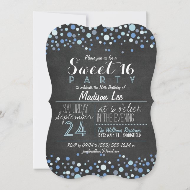 Blue & White Retro Chalkboard Sweet 16 Party Einladung (Vorderseite)