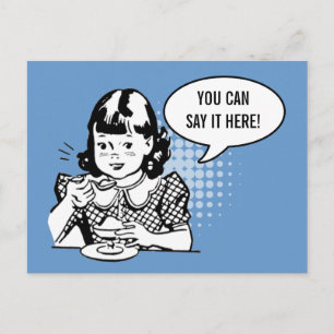 Blue White Retro Girl Eating Ice Creme Fun Card Postkarte