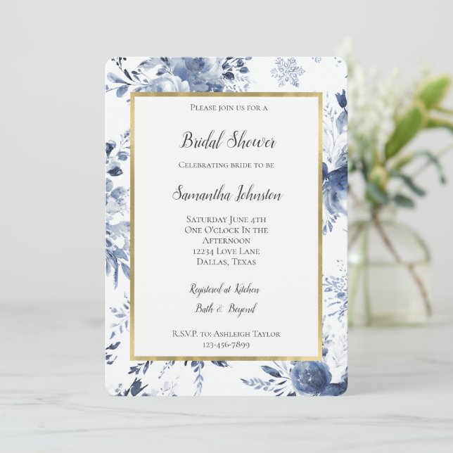 Blue White Romantic Floral Bridal Shower   Einladung (Stehend Vorderseite)
