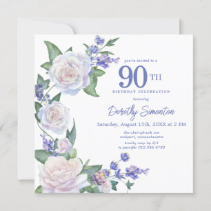 Blue White Rose Floral 90. Geburtstag Platz Einladung